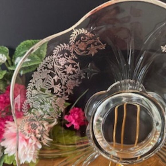 Vintage Footed Glass Serving Plate Sterling Silver Overlay Floral Etched Clear G - Picture 2 of 5